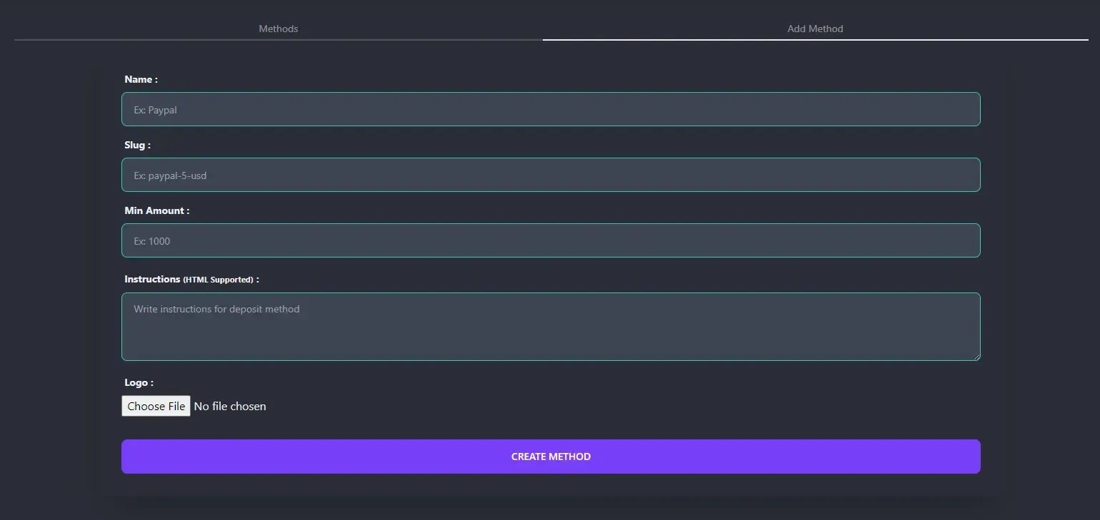 Deposit Methods Settings